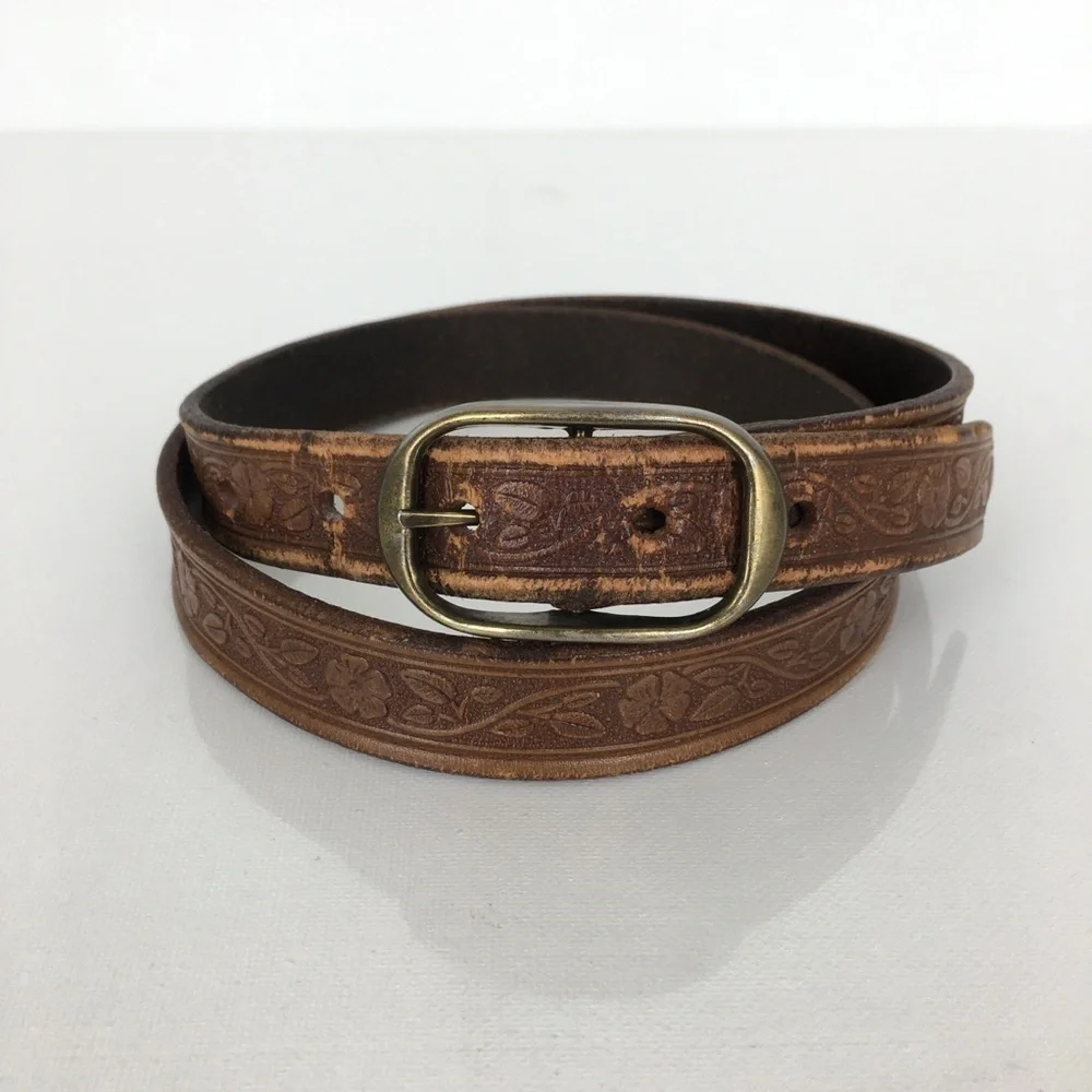 Thin Floral Tooled Leather Belt Brown by Colorado Leather Goods Feminine Western